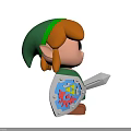 Cartoon Style Toy Figure With Orange Hair Large Ears Green Outfit Shield And Sword
