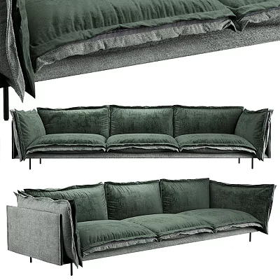 Green Velvet Three Seater Sofa With Modern Design And Comfortable Cushions And Metal Legs 3d model