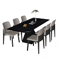 Modern Black Marble Dining Table Set With Light Upholstered Chairs And Fruit Tray