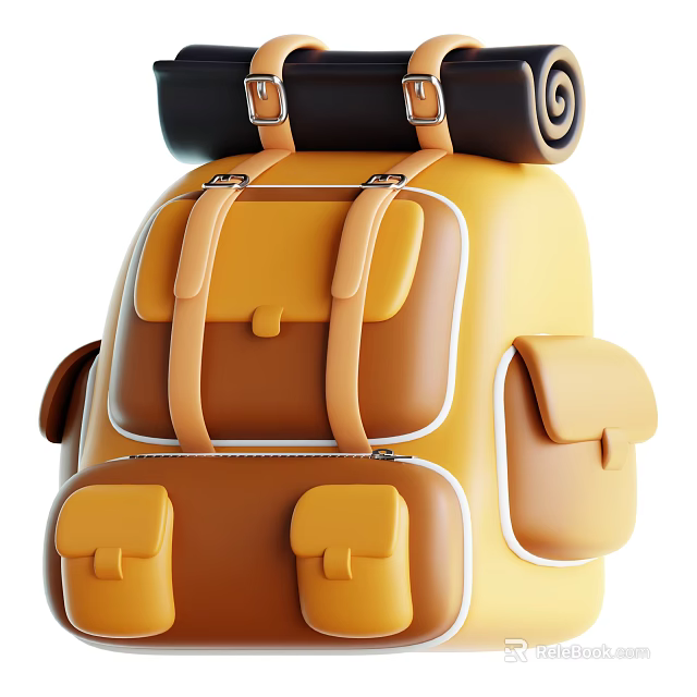 Decorative Ornament Set Featuring Yellow Brown Backpack With Rolled Accessory For Home Decor 3d model 