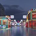 Vibrant Night Commercial Street With Colorful Storefronts Neon Lights Billboards And Reflective Ground