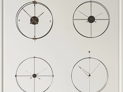 Four Different Circular Clock Designs With Varied Hands And Simple Scales 3d model