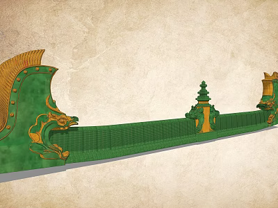 Green Architectural Component With Golden Decorations Dragon Carvings And Pagoda Like Structures 3d model