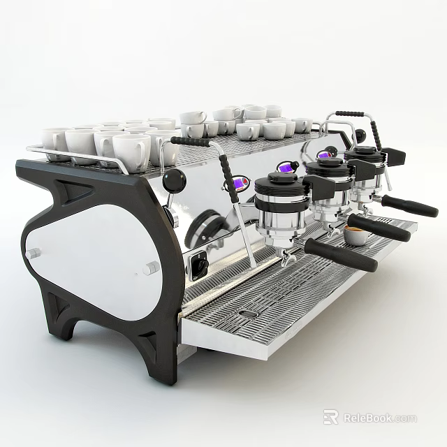 Professional Stainless Steel Kitchen Appliance Espresso Machine With Multiple Steam Wands And Cups On Top 3d model 