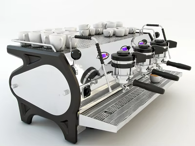 Professional Stainless Steel Kitchen Appliance Espresso Machine With Multiple Steam Wands And Cups On Top 3d model