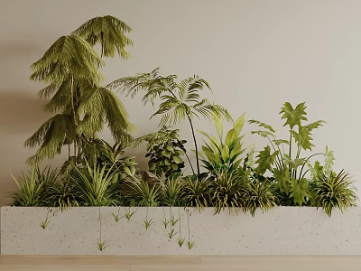 Bonsai Potted Plants With Various Leaf Shapes And Hanging Small Plants In Long White Container 3d model