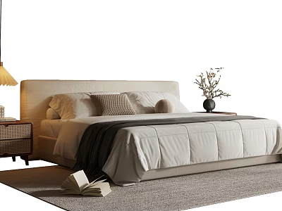 Modern Double Bed With Beige Headboard White Linens Gray Blanket And Decorative Plant On Nightstand 3d model