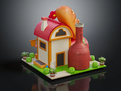 Cartoon Building with Red Roof White Walls Red Bottle Structure Chicken Leg Decoration Green Lawn 3d model