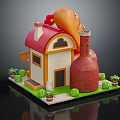 Cartoon Building with Red Roof White Walls Red Bottle Structure Chicken Leg Decoration Green Lawn
