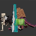 Skeleton Character And Black Wolf Creature With Orange Tentacled Block Blue Tower And Green Cube