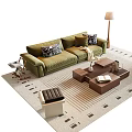 Green Velvet Sofa with Patterned Pillows and Modular Wooden Coffee Table Set on Striped Rug