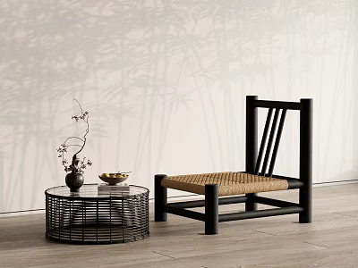 Leisure Chair With Black Frame Woven Seat Round Table On Wooden Floor Bamboo Shadows 3d model