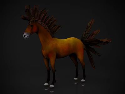 3D Rendered Brown Yellow Horse With Decorative Feather Mane Tail On Dark Background 3d model