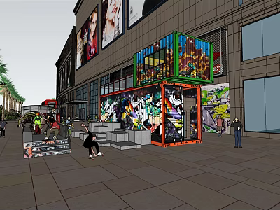 Modern Commercial Landscape With Outdoor Billboards Greenery And Pedestrian Activity Areas 3d model
