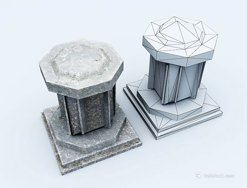 Stone Textured Column and Wireframe Geometric Column Model Displayed Together 3d model 
