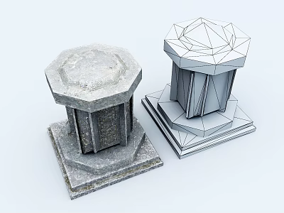 Stone Textured Column and Wireframe Geometric Column Model Displayed Together 3d model