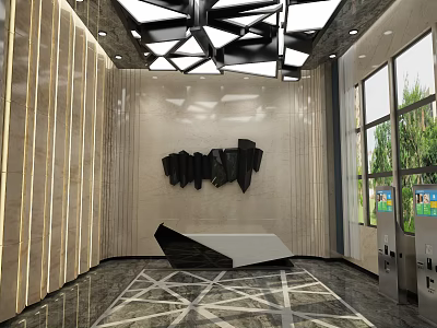 Modern Front Desk Lobby Featuring Geometric Ceiling Artistic Wall Decor Marble Floor and Large Windows 3d model