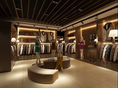 Elegant Modern Clothing Store Interior With Mannequins Hanging Clothes And Lighting 3d model