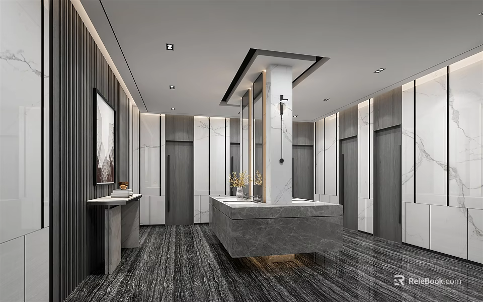 Modern Public Restroom Interior Design With Marble Walls Open Layout Washbasin And Mirrors 3d model 
