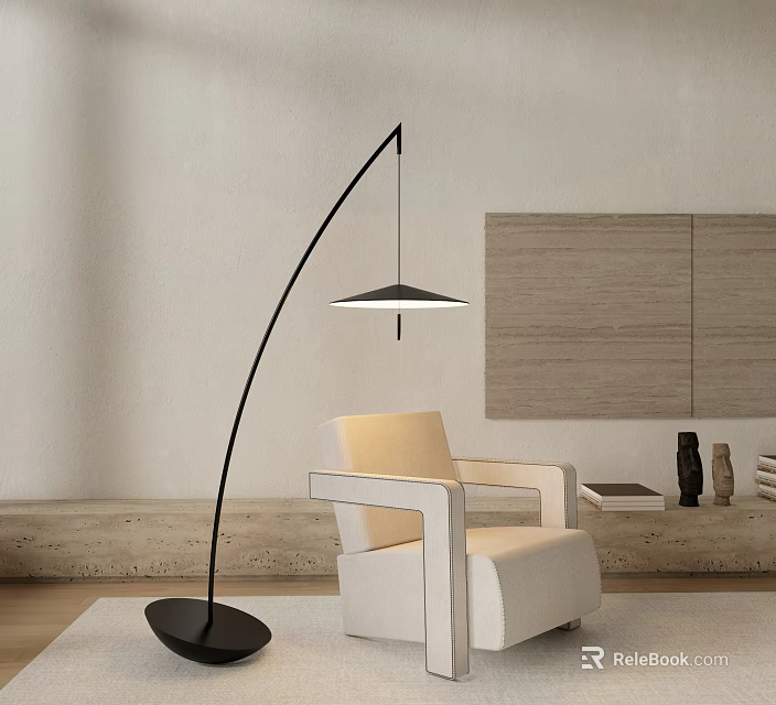 Arched Black Floor Lamp With Light Shade Beside Beige Armchair On Light Colored Wall Background 3d model 