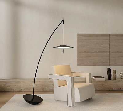 Arched Black Floor Lamp With Light Shade Beside Beige Armchair On Light Colored Wall Background 3d model
