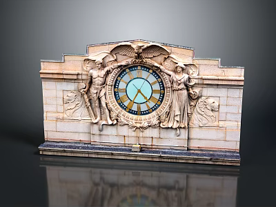 Ornate Vintage Carved Wall Clock With Angel Statues And Stone Design 3d model