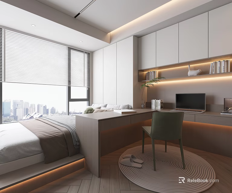 Tatami Bedroom Interior with Desk Chair Large Window City View White Cabinets and Ambient Lighting 3d model 
