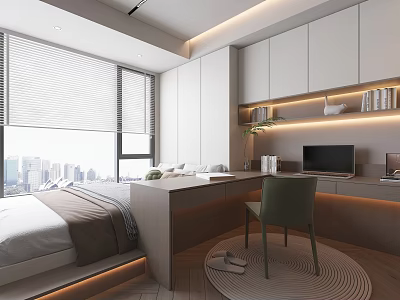 Tatami Bedroom Interior with Desk Chair Large Window City View White Cabinets and Ambient Lighting 3d model