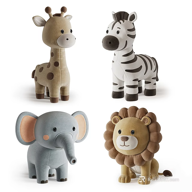 Cute Plush Animal Stuffed Toys Featuring Giraffe Zebra Elephant And Lion 3d model 