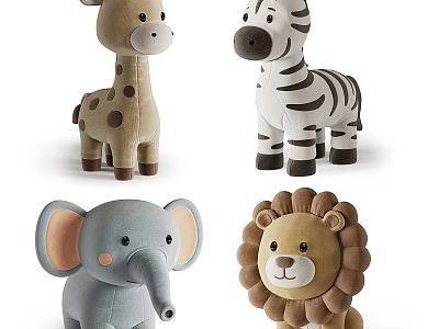 Cute Plush Animal Stuffed Toys Featuring Giraffe Zebra Elephant And Lion 3d model