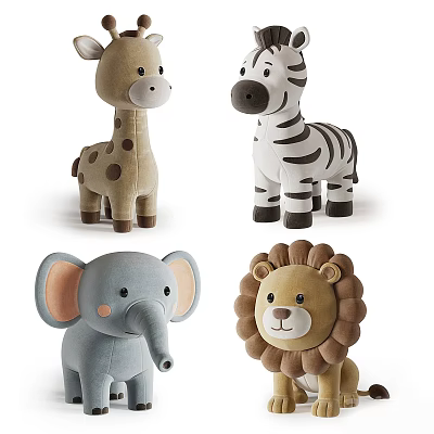 Cute Plush Animal Stuffed Toys Featuring Giraffe Zebra Elephant And Lion 3d model