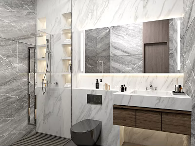 Modern Elegant Marble Bathroom With Wall Mounted Toilet Floating Vanity And Frameless Glass Shower Enclosure 3d model