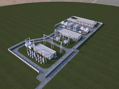 Industrial Park Layout With Buildings Power Poles Fence And Green Field 3d model