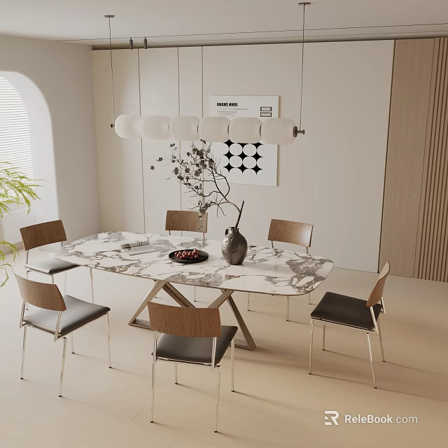 Modern Dining Table Set with Marble Top Wooden Chairs and Decorative Vase 3d model 