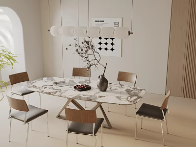 Modern Dining Table Set with Marble Top Wooden Chairs and Decorative Vase 3d model