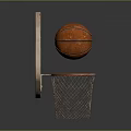 Basketball Equipment With Worn Wooden Backboard Orange Ball And Netted Hoop
