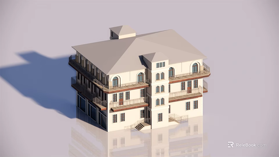 Symmetrical Multi Story White Building With Balconies Gray Roof And Arched Windows 3d model 
