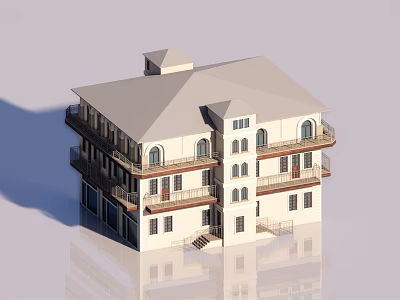 Symmetrical Multi Story White Building With Balconies Gray Roof And Arched Windows 3d model