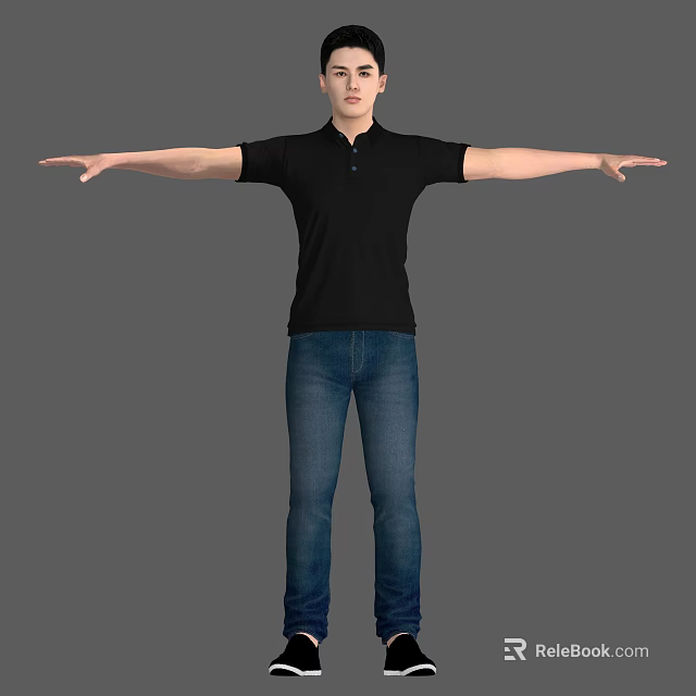 Man in Black Polo Shirt and Blue Jeans with Arms Outstretched Against Gray Background 3d model