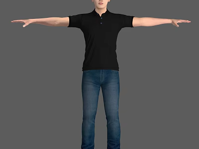 Man in Black Polo Shirt and Blue Jeans with Arms Outstretched Against Gray Background 3d model