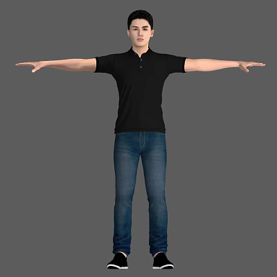 Man in Black Polo Shirt and Blue Jeans with Arms Outstretched Against Gray Background 3d model