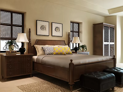 Wooden Double Bed With Decorative Pillows Nightstands Table Lamps Shutter Windows Wall Art And Ottomans 3d model