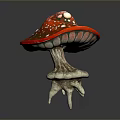 Vibrant Red Mushroom With White Spots And Root Like Structure On Black Background 3d model