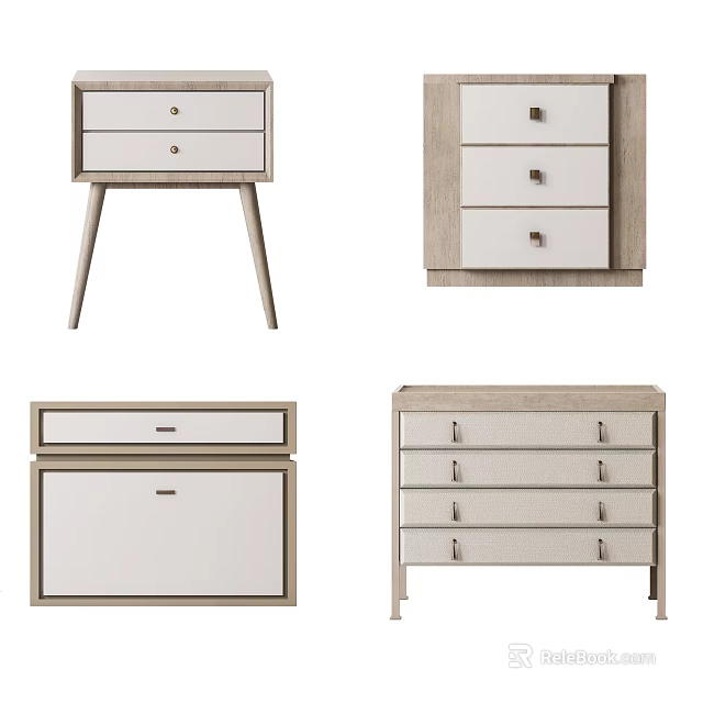 Modern Bedside Tables With Different Drawer Designs And Wooden Frame Details 3d model 