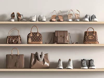 Fashionable Shoes And Stylish Bags Arranged On Wooden Display Shelves 3d model