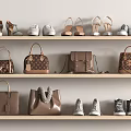 Fashionable Shoes And Stylish Bags Arranged On Wooden Display Shelves