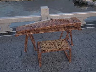 Traditional Wooden Chinese Zither on Stand with Stool in Outdoor Stone Railing Water Setting 3d model