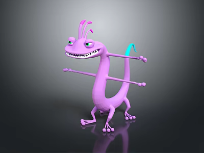 Cartoon Purple Fantasy Creature With Pink Crests Green Eyes Long Slender Body And Outstretched Limbs 3d model
