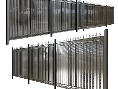 Modern Black Metal Building Exterior Fence With Vertical Bars And Spiked Top Design 3d model