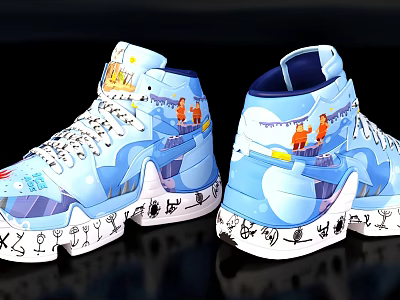 Stylish High Top Blue White Sneakers With Cartoon Characters And Graffiti Design 3d model